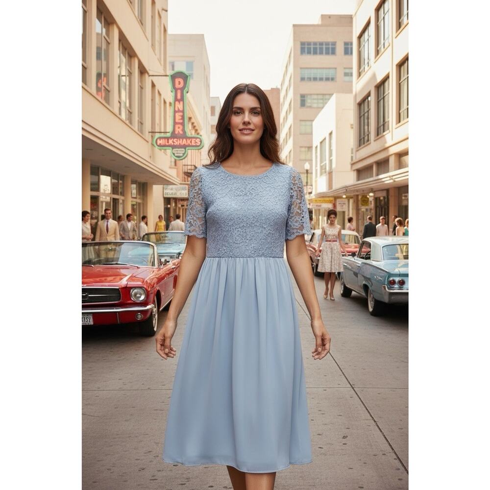 Vintage Miss Elliette Midi Dress Icy Blue chiffon/Lace 1960’s Short Sleeve